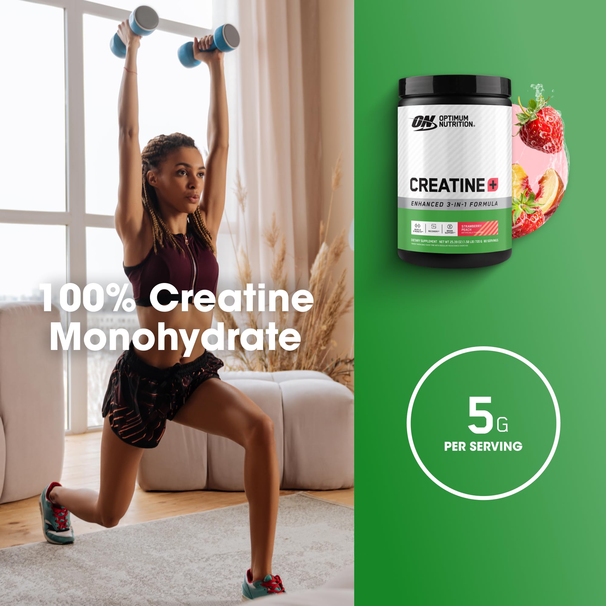Optimum Nutrition Creatine Monohydrate Plus Strawberry Peach glass showcases flavor.