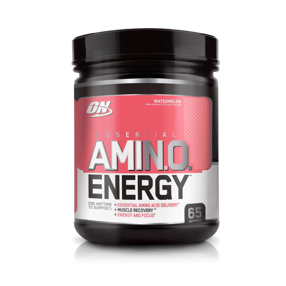 Measuring scoop beside Essential Amino Energy container for quick pre-workout mix.