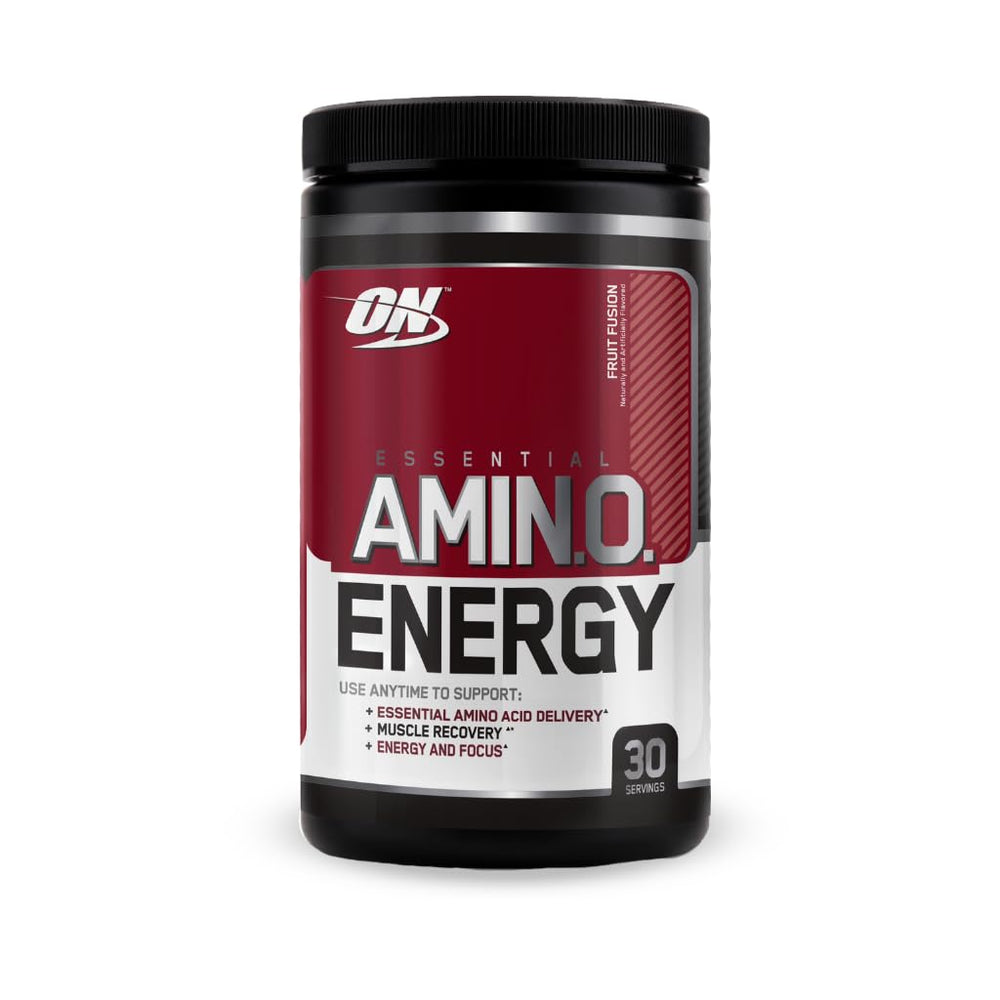 Close-up of Essential Amino Energy label detailing caffeine and amino blend.