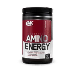Close-up of Essential Amino Energy label detailing caffeine and amino blend.