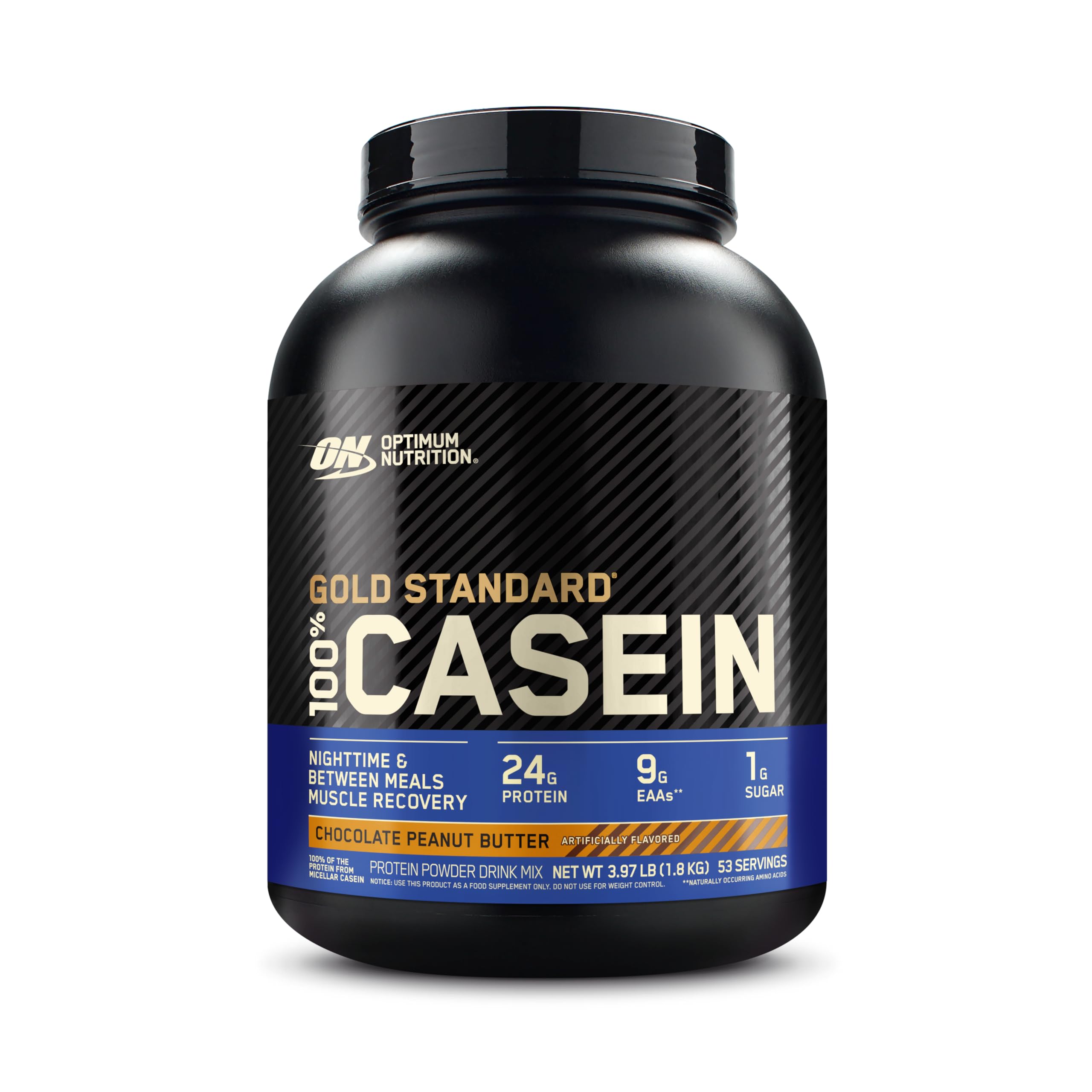 Optimum Nutrition Gold Standard Casein Jar: slow-digesting protein for overnight recovery.