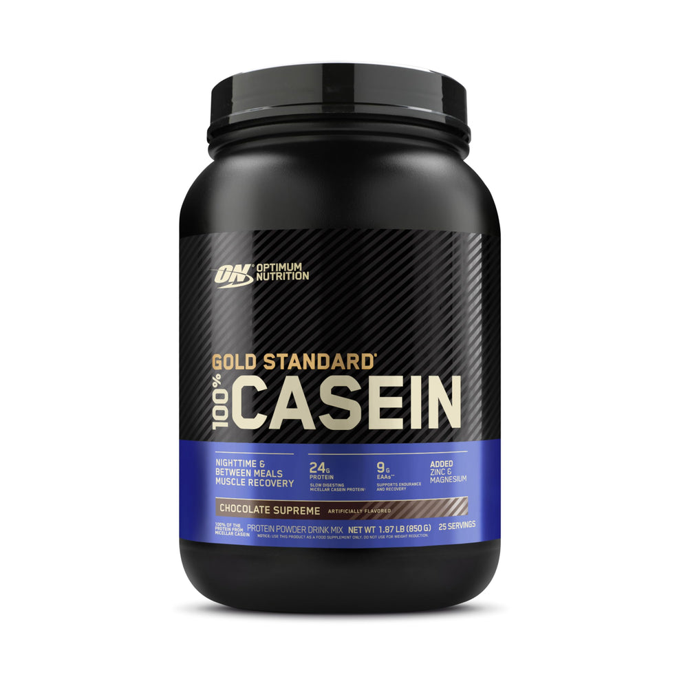 Optimum Nutrition Gold Standard micellar casein front label with chocolate supreme for steady amino acid delivery.