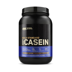 Optimum Nutrition Gold Standard micellar casein front label with chocolate supreme for steady amino acid delivery.