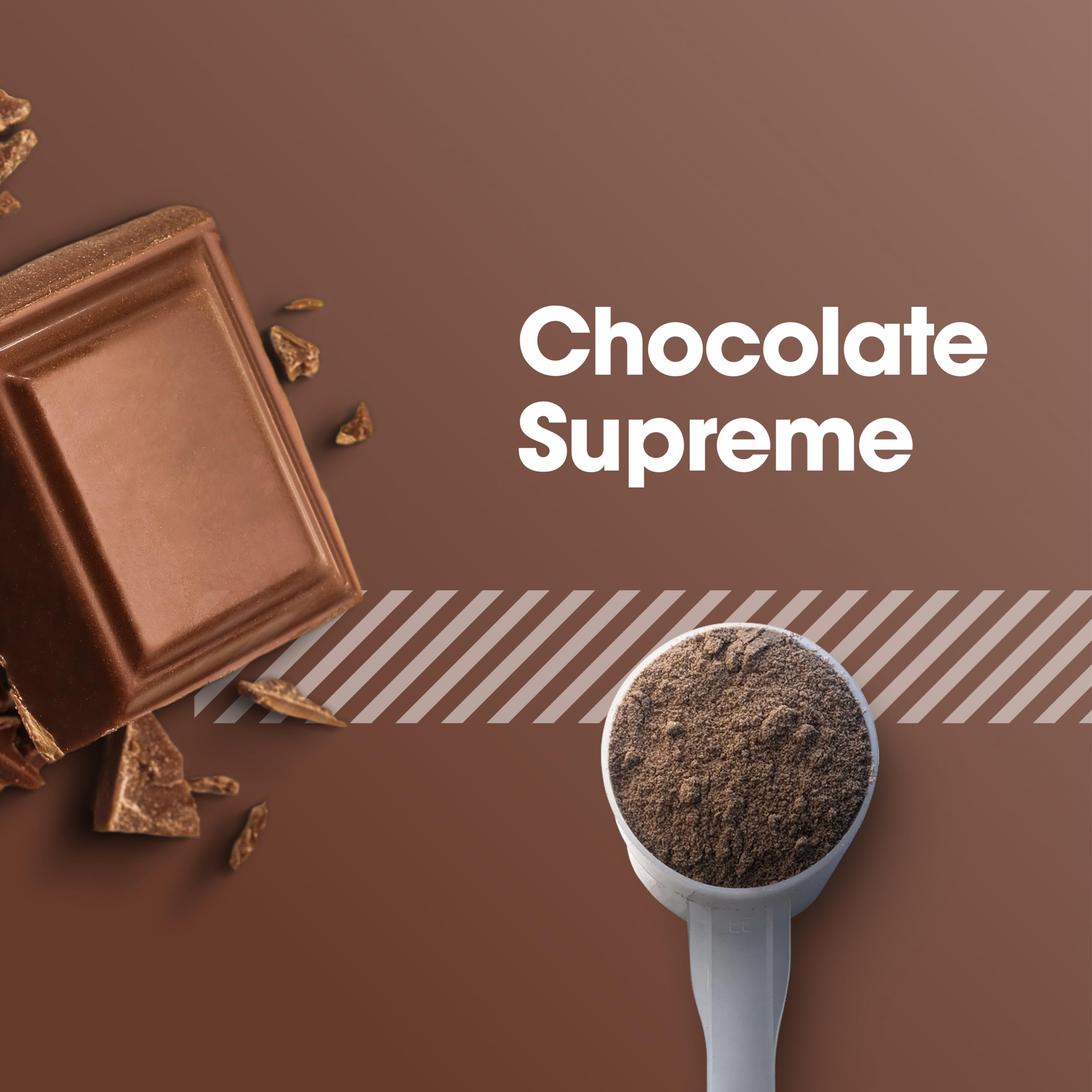 Scoop close-up shows powder texture of Gold Standard micellar casein chocolate supreme.