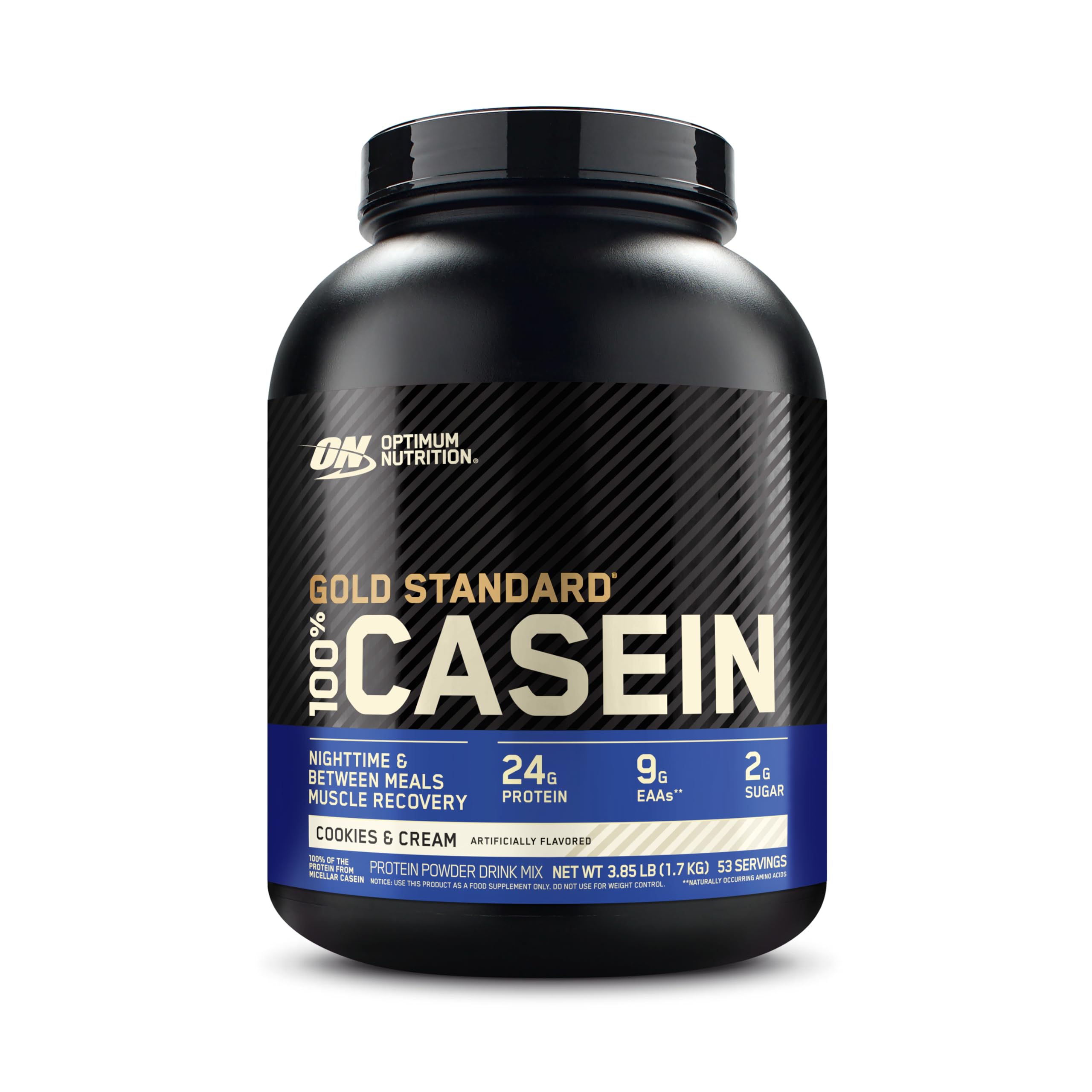 Optimum Nutrition Gold Standard Micellar Casein Cookies and Cream 4 lb container supports slow digestion overnight.