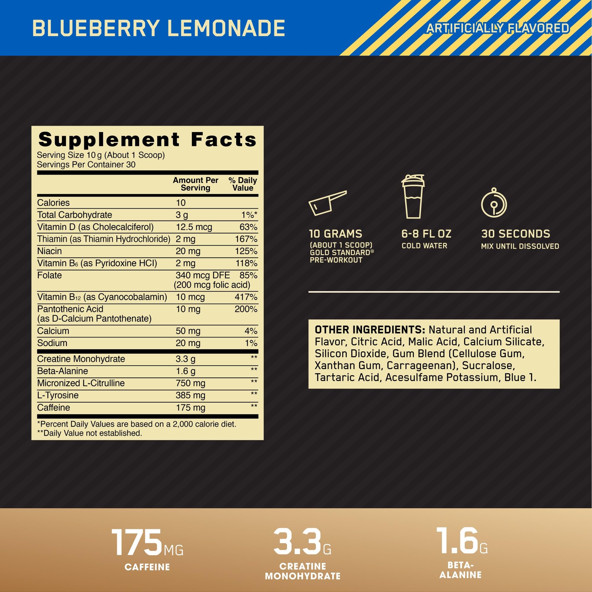 Optimum Nutrition Gold Standard Pre-Workout blue blueberry lemonade glass energizing