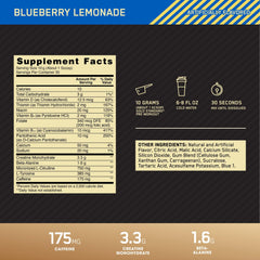 Optimum Nutrition Gold Standard Pre-Workout blue blueberry lemonade glass energizing