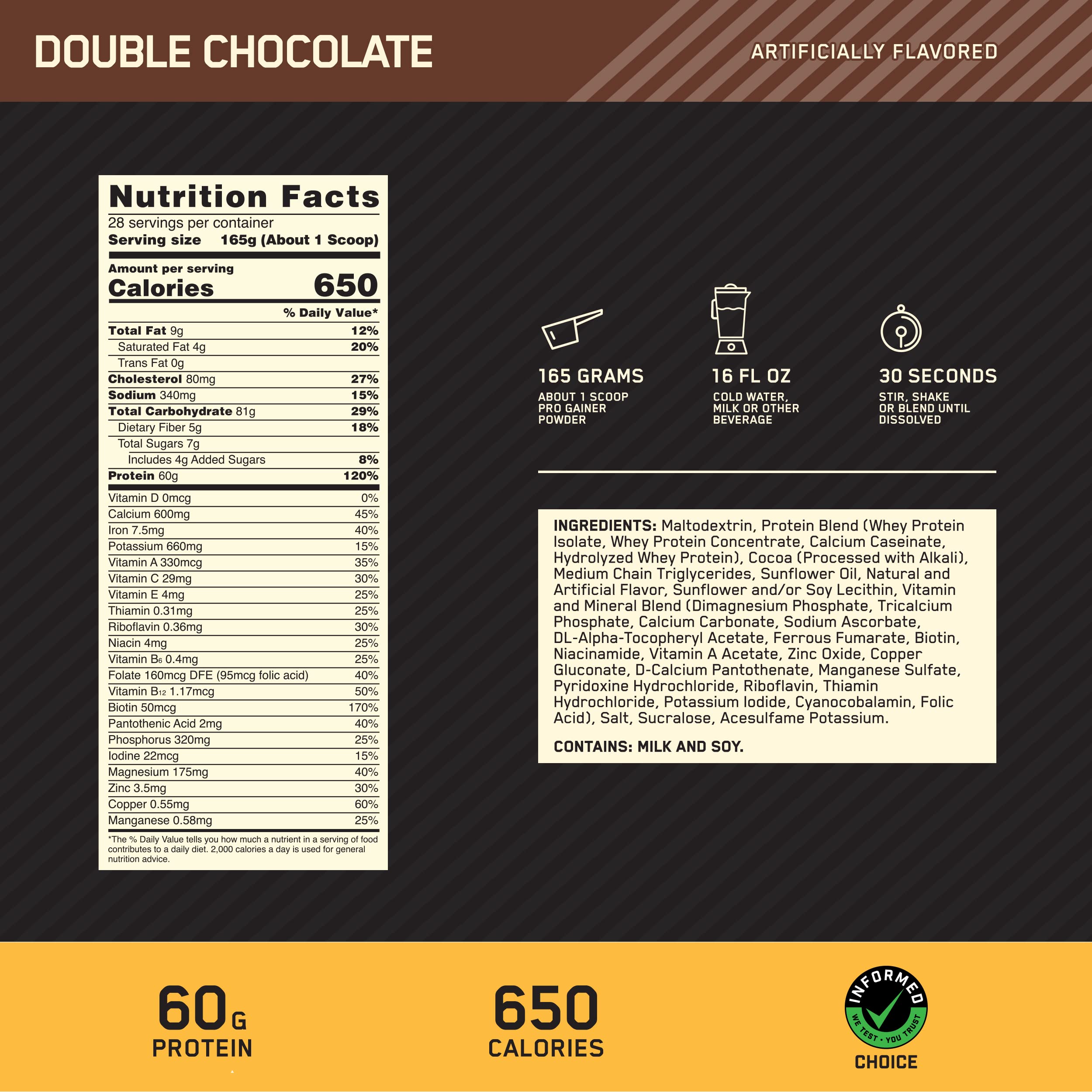 Pro Gainer scoop reveals 60g protein per serving for daily protein goals.