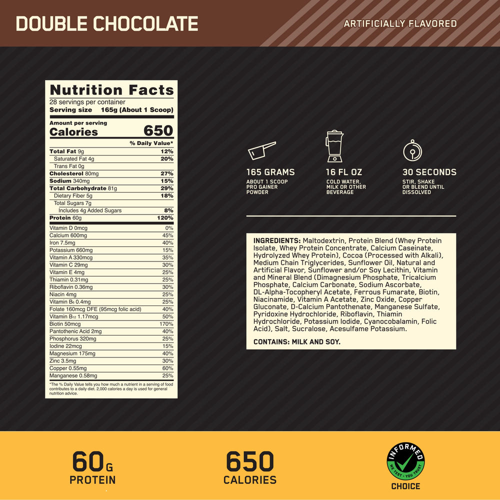 Pro Gainer scoop reveals 60g protein per serving for daily protein goals.