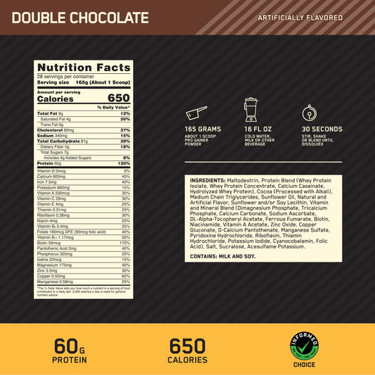 Pro Gainer scoop reveals 60g protein per serving for daily protein goals.