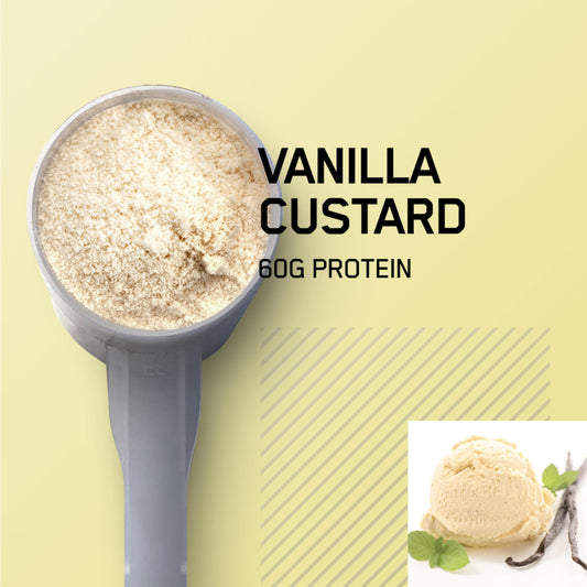 Optimum Nutrition Gold Standard Pro Gainer scoop with Vanilla Custard powder for dosing.