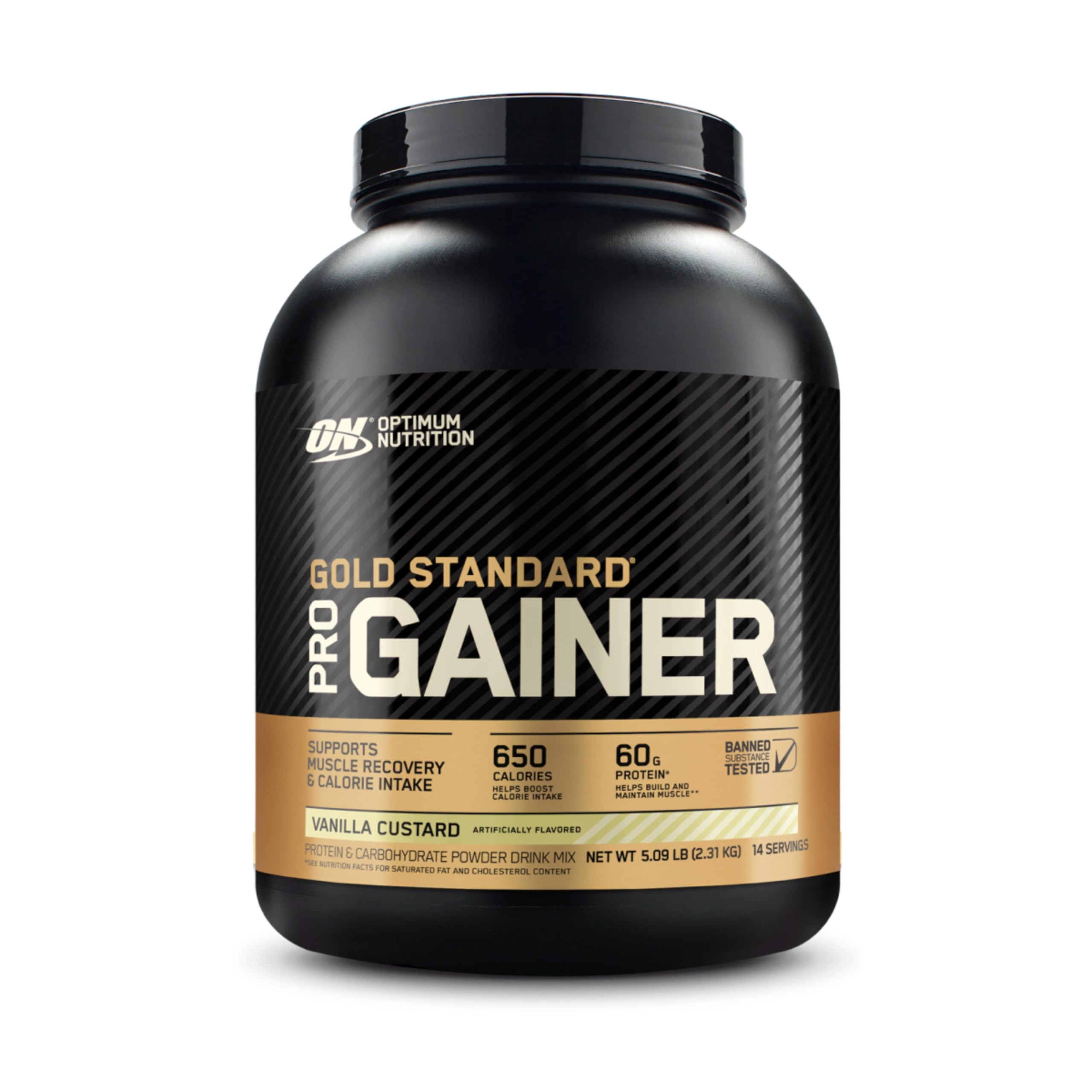 Optimum Nutrition Gold Standard Pro Gainer tub in Vanilla Custard for post-workout fueling.