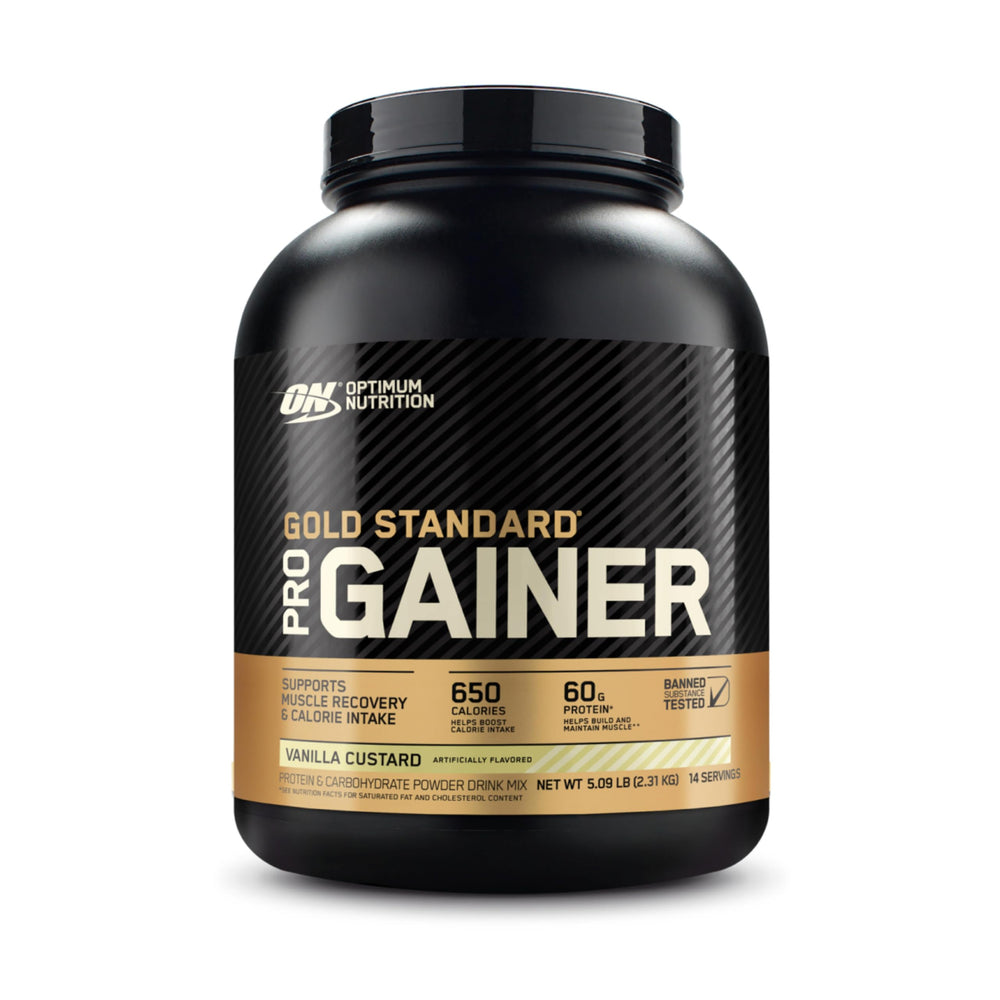 Optimum Nutrition Gold Standard Pro Gainer tub in Vanilla Custard for post-workout fueling.