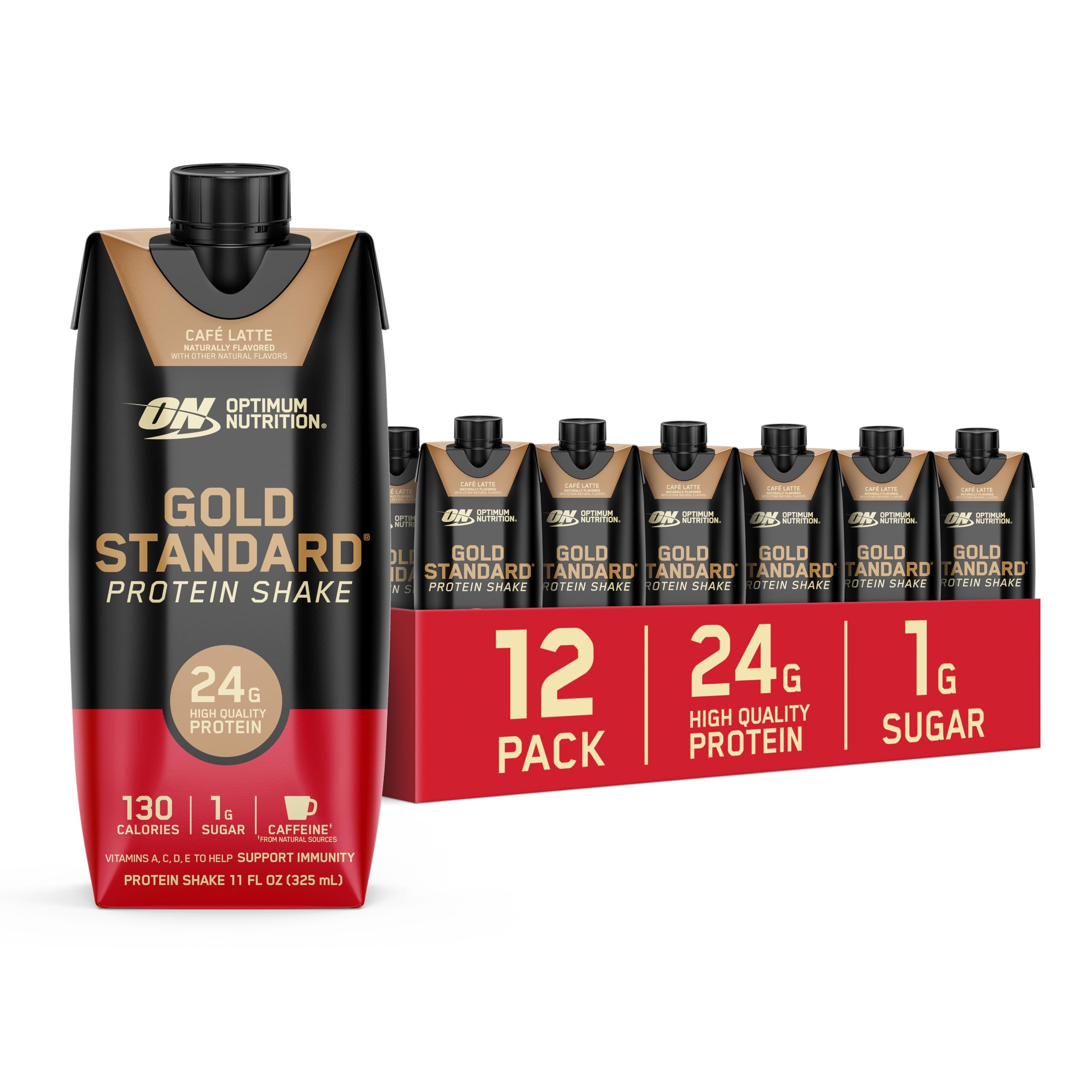 Optimum Nutrition Gold Standard Cafe Latte bottle shows ready-to-drink convenience for busy days.