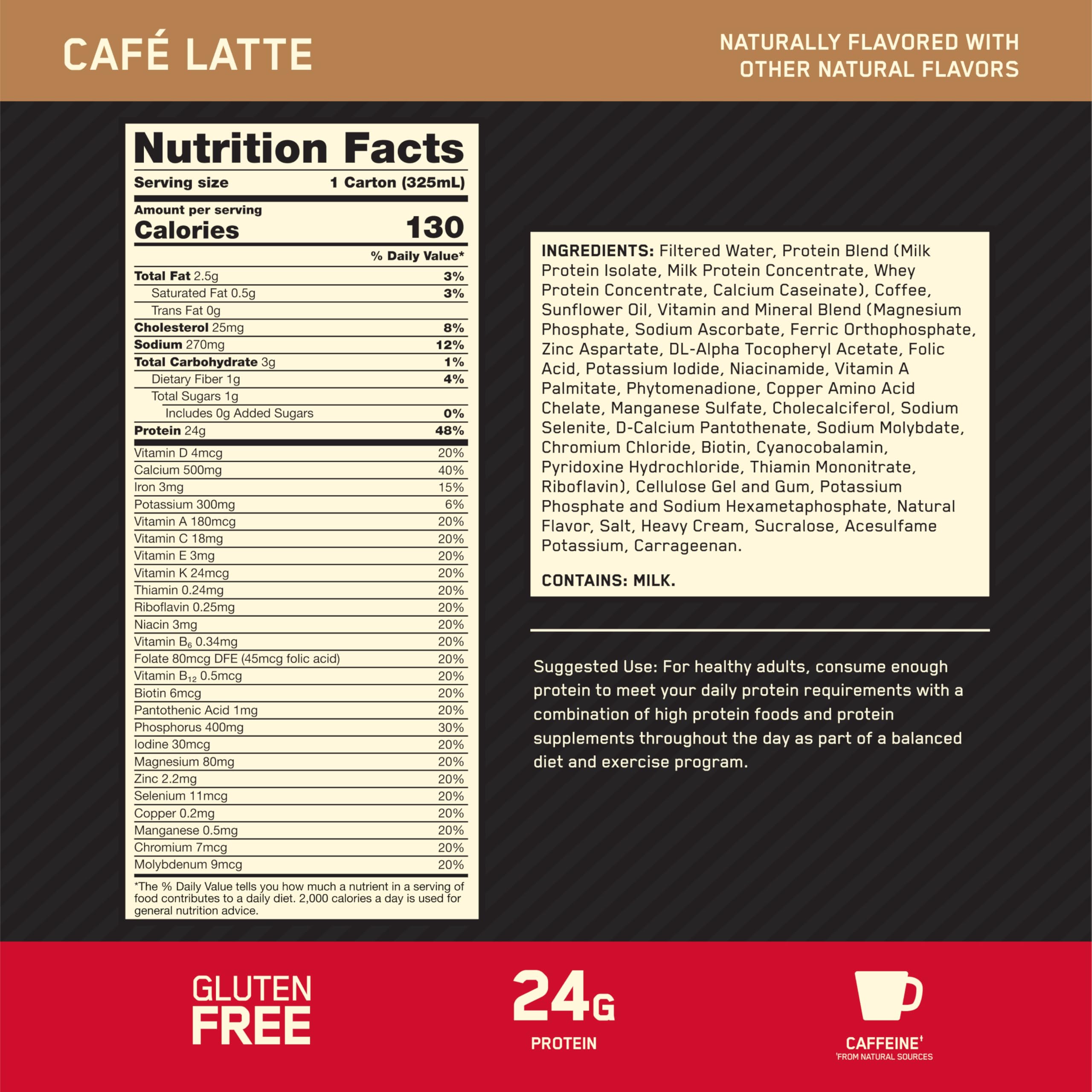 Gold Standard Cafe Latte label highlights 24 g protein and caffeine per serving.
