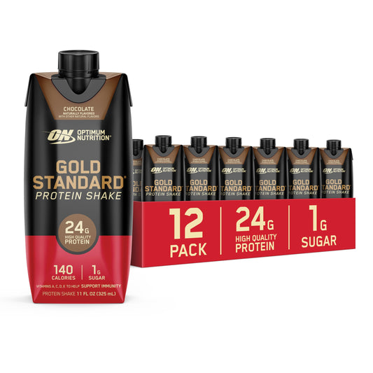 Optimum Nutrition Gold Standard Protein Shake chocolate bottle, front view, convenient on-the-go nutrition.