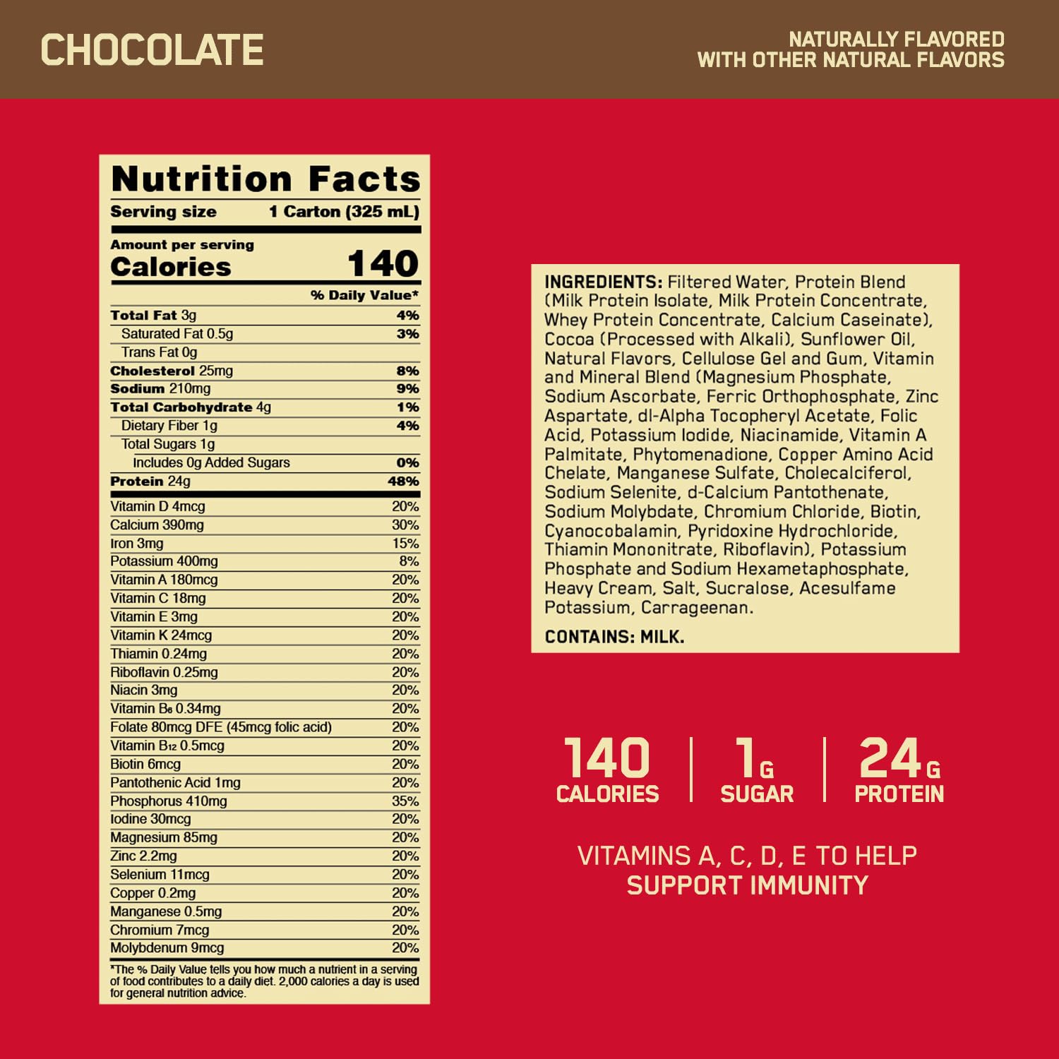 Gold Standard protein shake chocolate bottle side label visible with protein info.