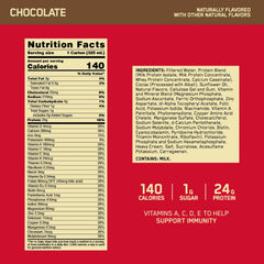 Gold Standard protein shake chocolate bottle side label visible with protein info.