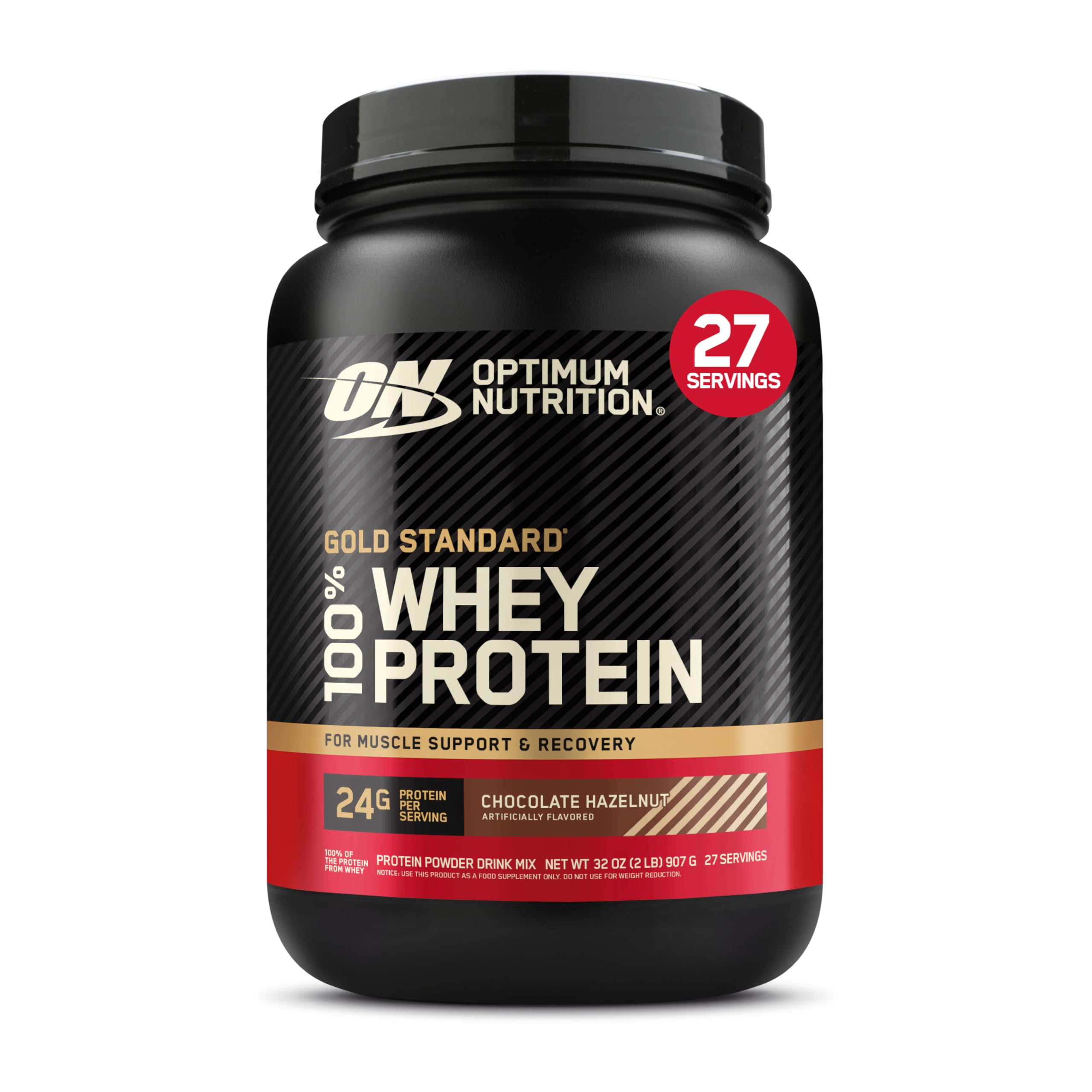 Optimum Nutrition Gold Standard whey tub front for premium protein source.