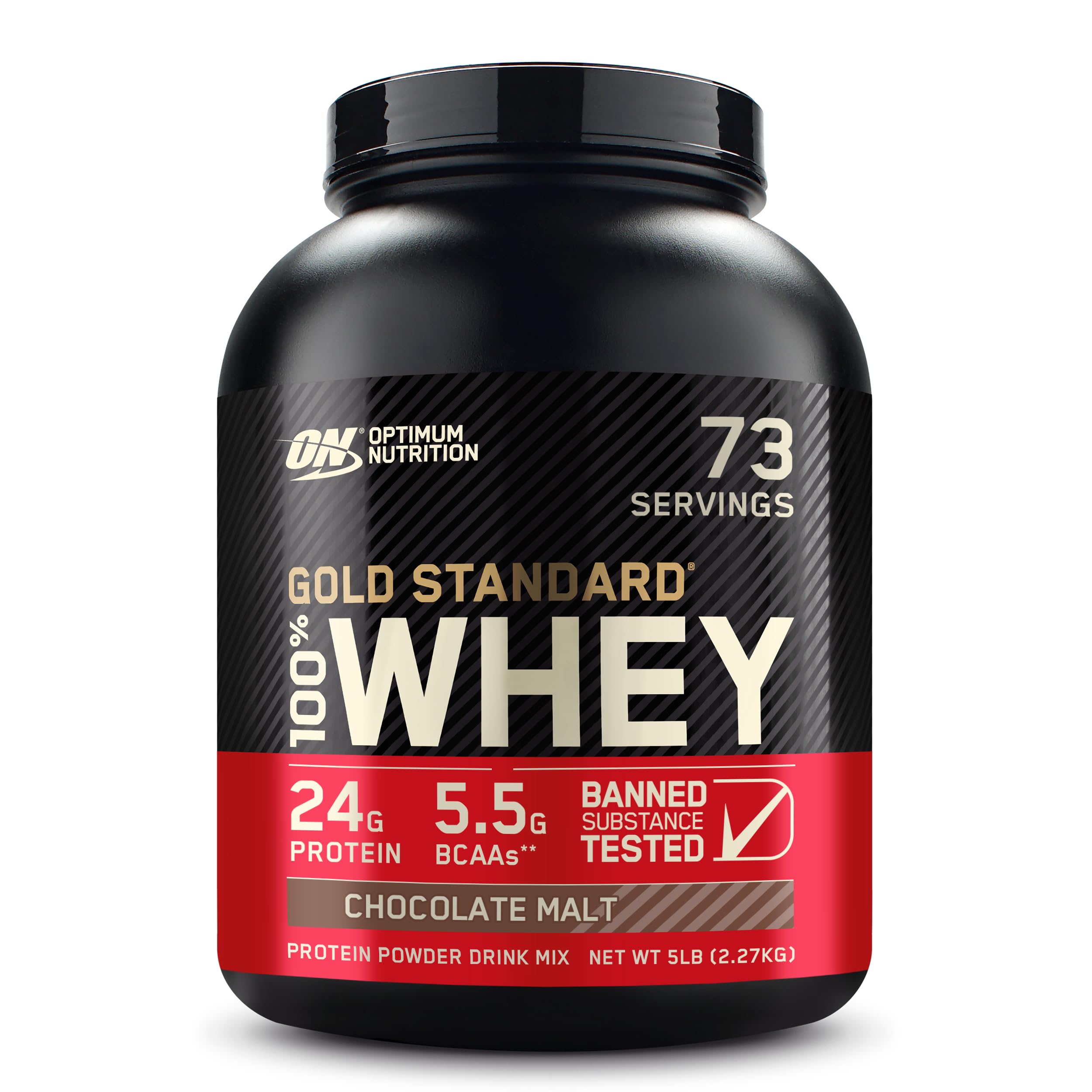 Optimum Nutrition Gold Standard whey front label highlights 24 g protein per scoop for post-workout support.