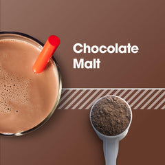 Optimum Nutrition Gold Standard whey chocolate malt serving scoop emphasizes fast mixability in shakes.