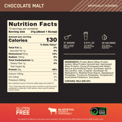 Optimum Nutrition Gold Standard whey chocolate malt post-workout shake image demonstrates easy blending.