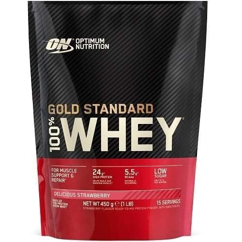 Optimum Nutrition Gold Standard whey scoop pouring into a shaker for a quick protein boost.