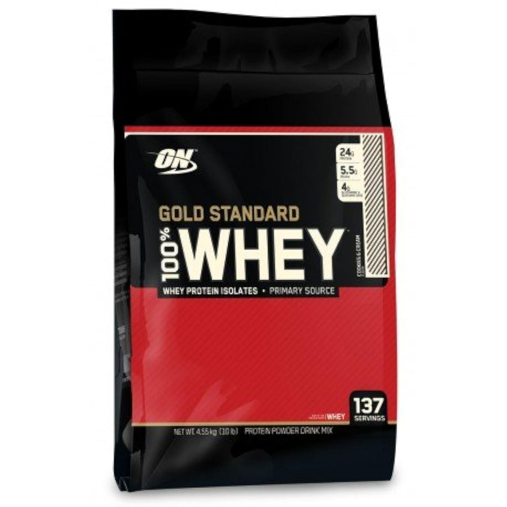 Optimum Nutrition Gold Standard tub showing protein-rich formula.