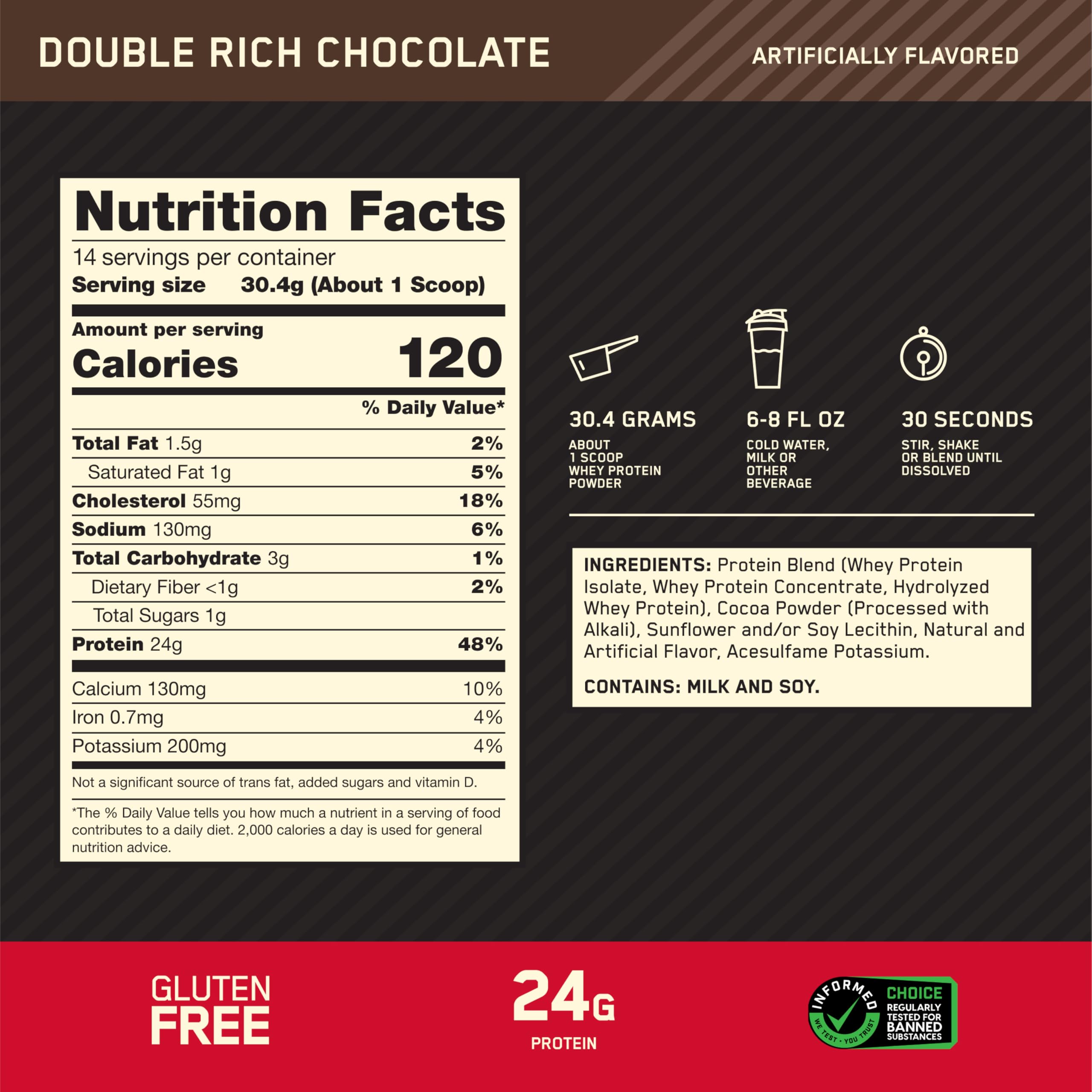 Optimum Nutrition Gold Standard whey glass shake for post-workout fueling.