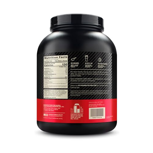 Optimum Nutrition Gold Standard label highlighting BCAAs and EAAs benefits.