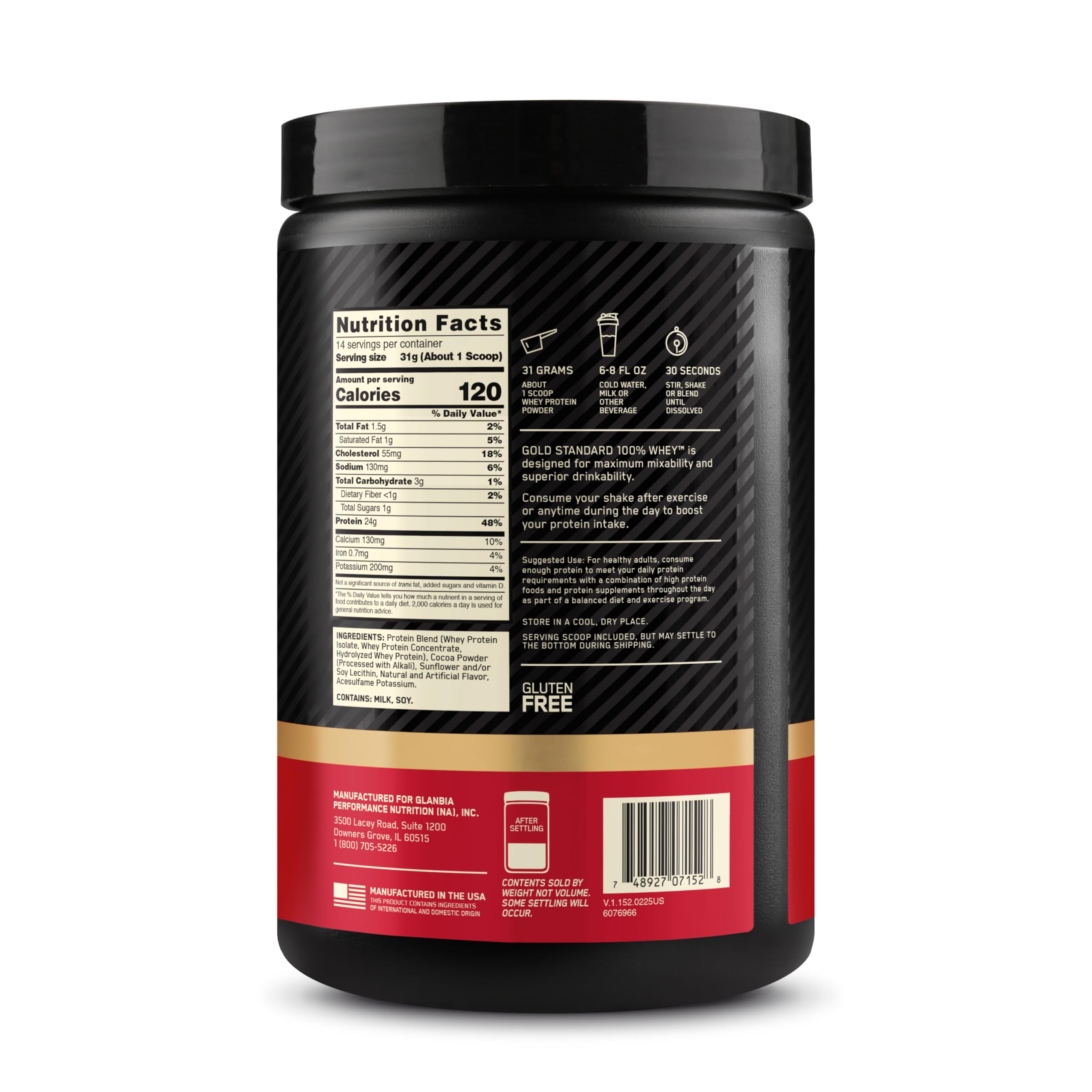 Optimum Nutrition Gold Standard whey packaging in store display.