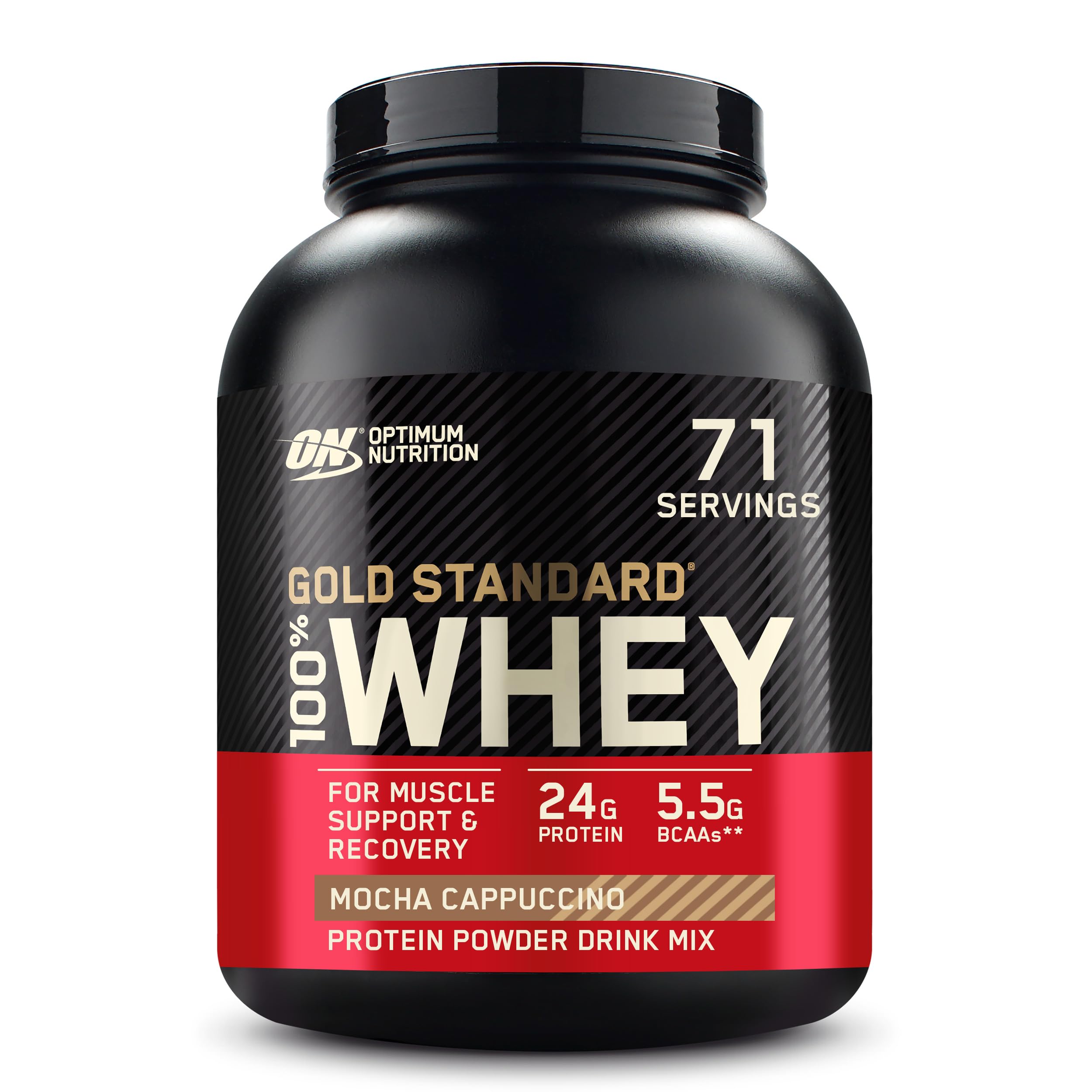 Optimum Nutrition Gold Standard whey canister in Mocha Cappuccino, ideal for post-workout protein.