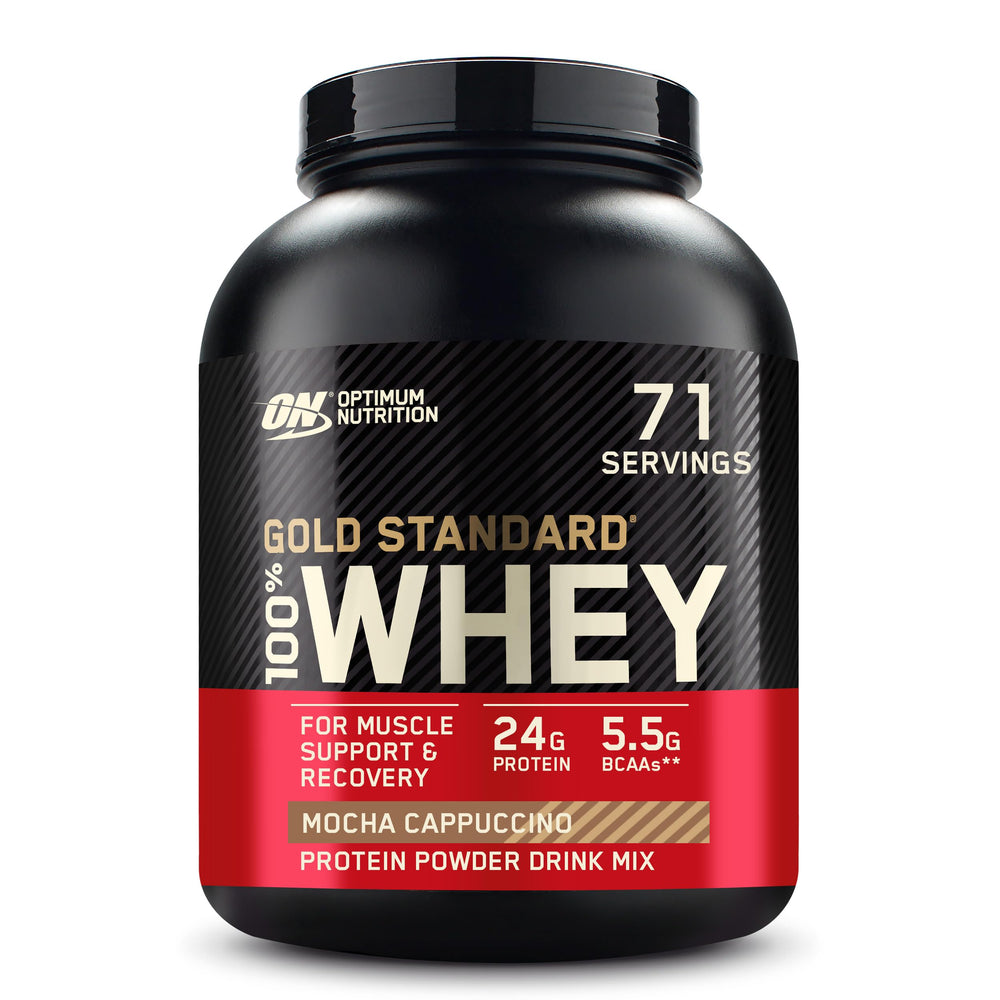 Optimum Nutrition Gold Standard whey canister in Mocha Cappuccino, ideal for post-workout protein.