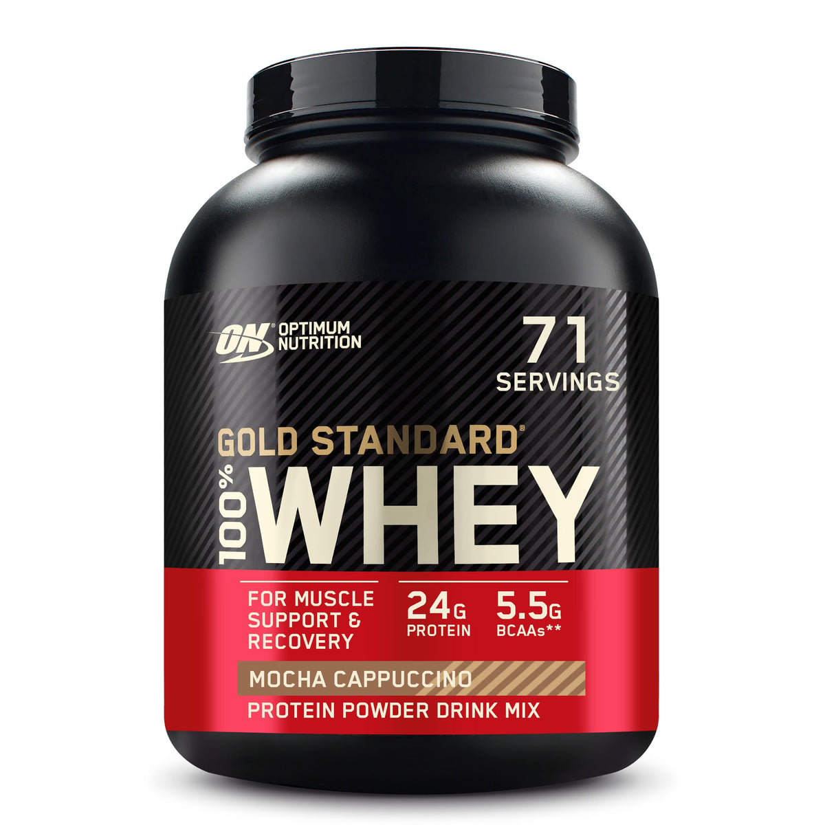 Optimum Nutrition Gold Standard whey canister in Mocha Cappuccino, ideal for post-workout protein.