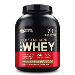 Optimum Nutrition Gold Standard whey canister in Mocha Cappuccino, ideal for post-workout protein.