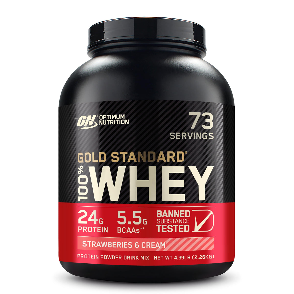Optimum Nutrition Gold Standard Whey label shows Strawberries & Cream flavor for post-workout recovery.