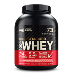 Optimum Nutrition Gold Standard Whey label shows Strawberries & Cream flavor for post-workout recovery.