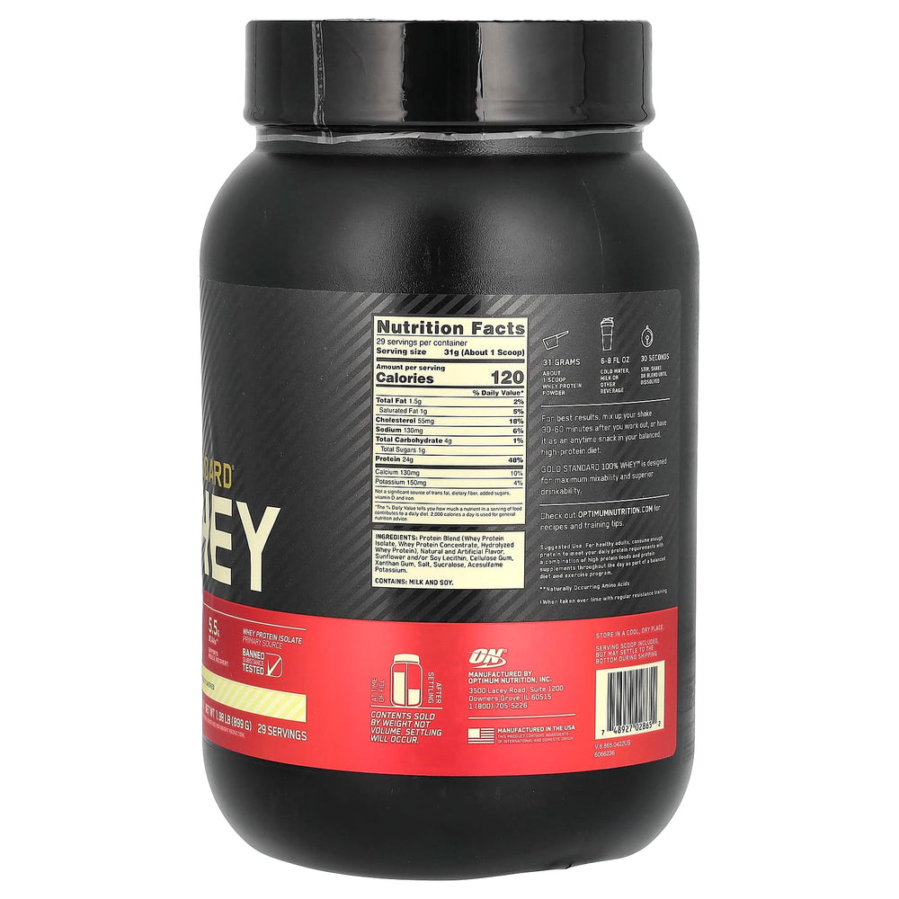 Label close-up of Optimum Nutrition Gold Standard Whey Vanilla Ice Cream emphasizing protein per serving