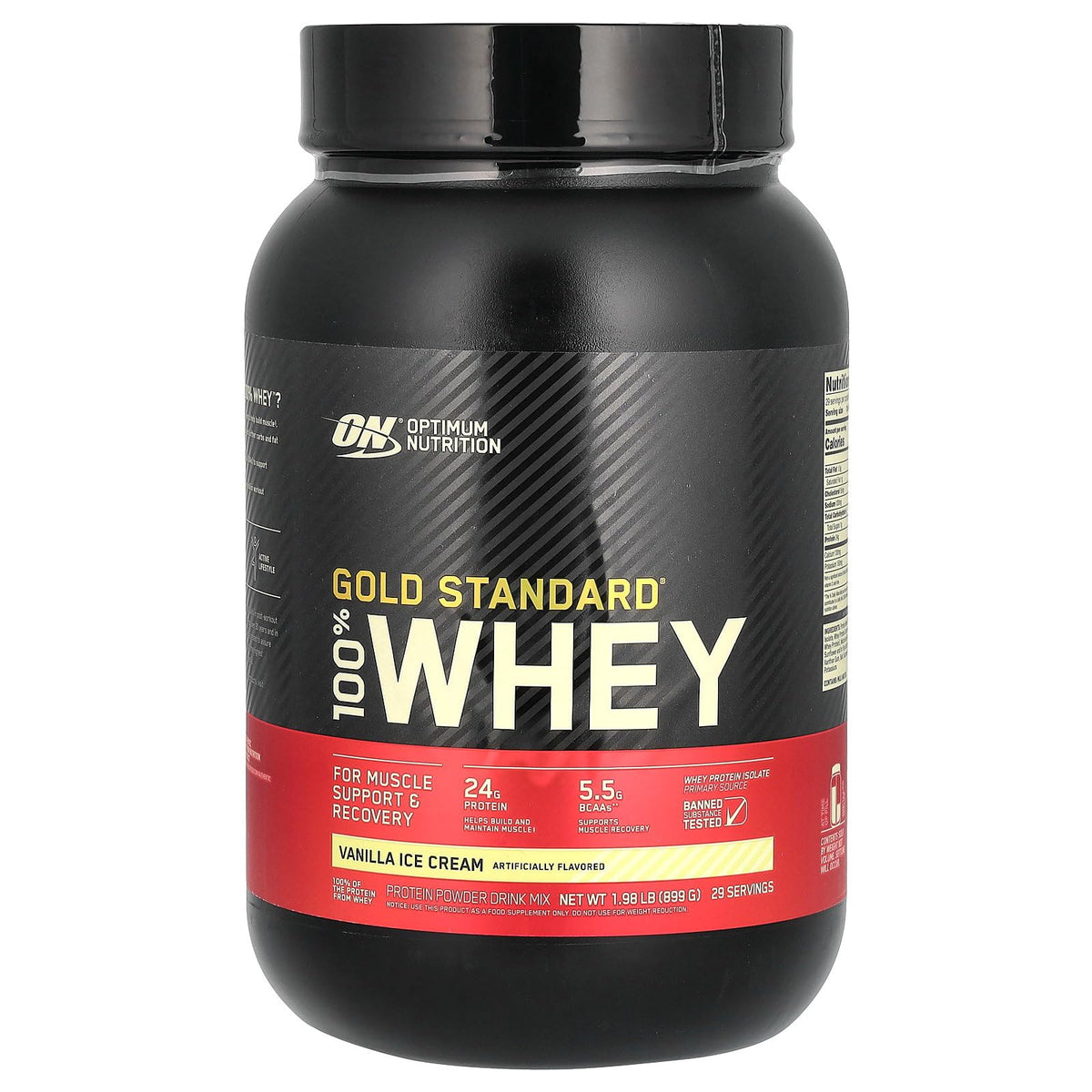 Optimum Nutrition Gold Standard Whey Vanilla Ice Cream tub showing protein content and clean design