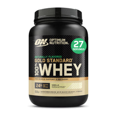 Optimum Nutrition Gold Standard Whey vanilla powder jar highlights high-quality protein for lean muscle support