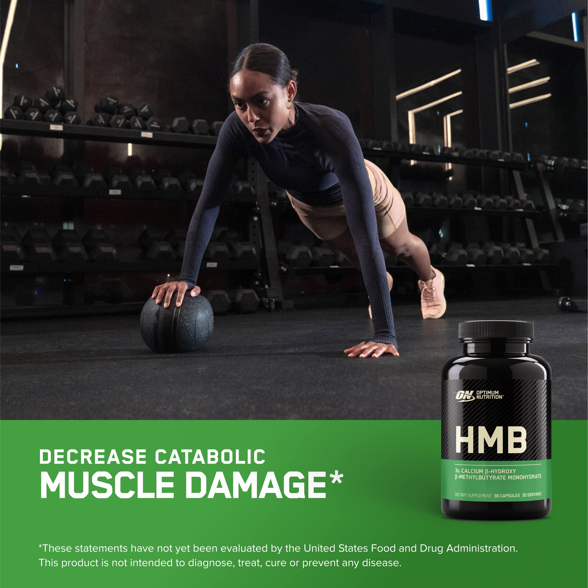 Side view of Optimum Nutrition HMB 1000 bottle highlighting 90 capsules
