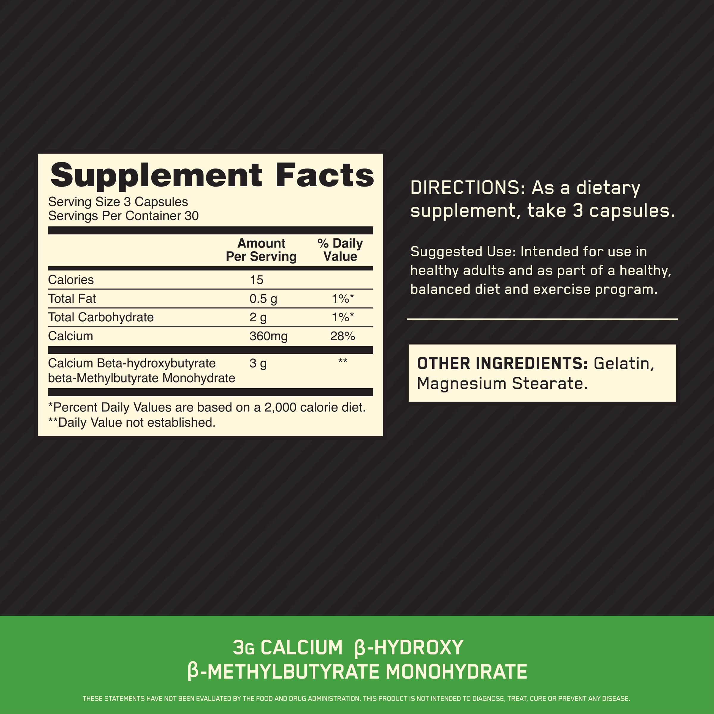 Close-up of Optimum Nutrition HMB 1000 capsules, shows 1 g per capsule potency