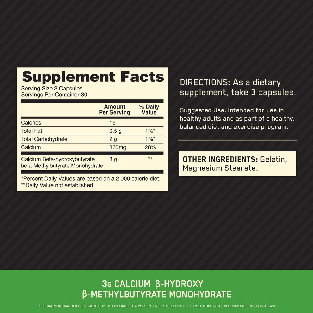 Close-up of Optimum Nutrition HMB 1000 capsules, shows 1 g per capsule potency