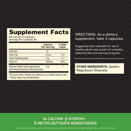 Close-up of Optimum Nutrition HMB 1000 capsules, shows 1 g per capsule potency