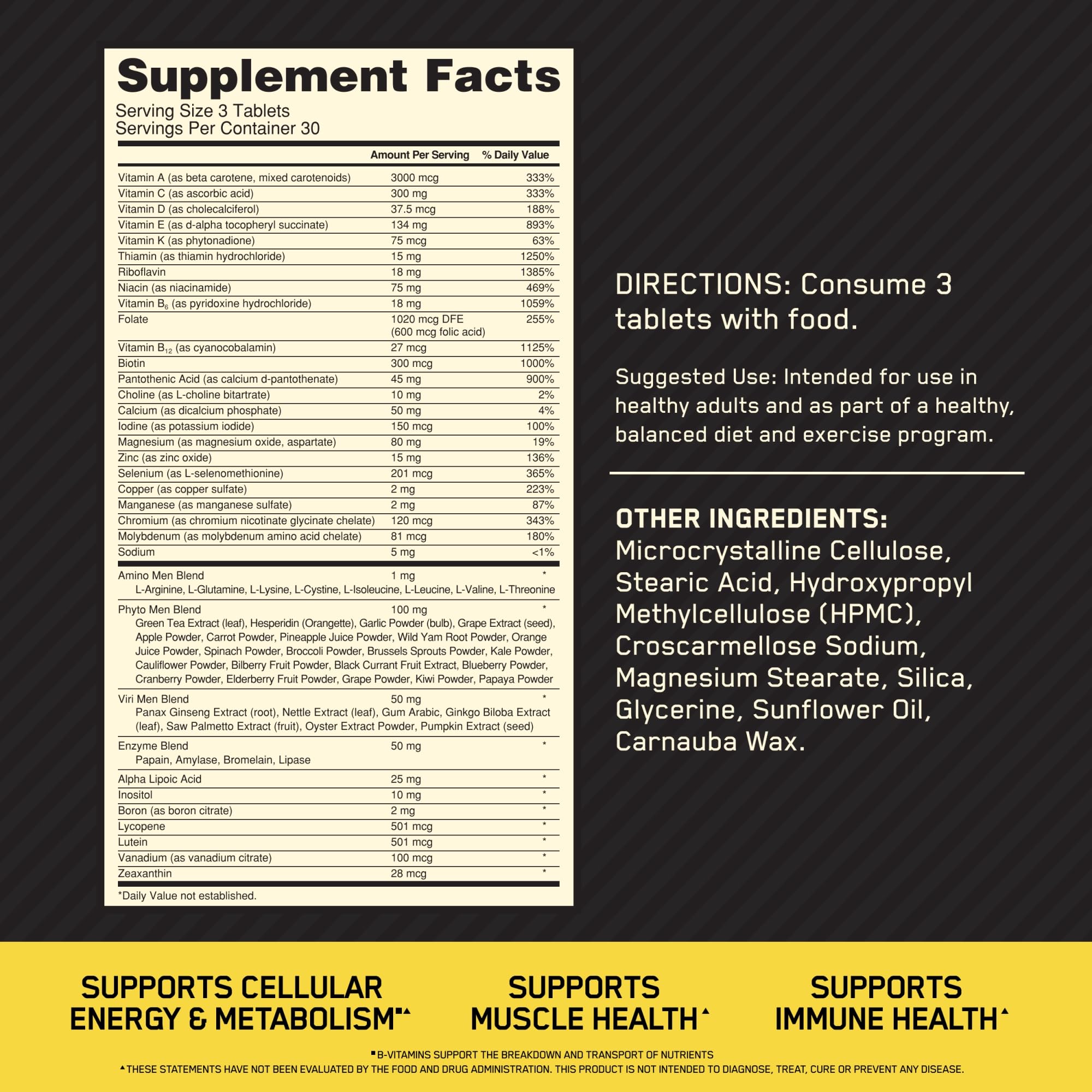 Optimum Nutrition Opti-Men bottle label close-up showing vitamin lineup