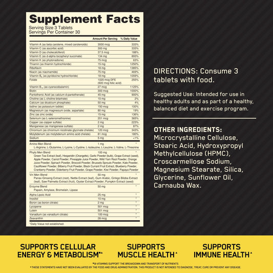 Optimum Nutrition Opti-Men bottle label close-up showing vitamin lineup