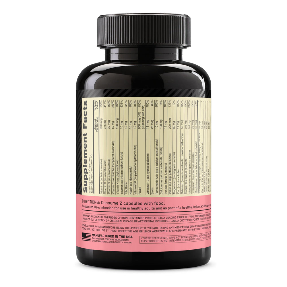 Optimum Nutrition Opti-Women supplement facts panel with key nutrients.