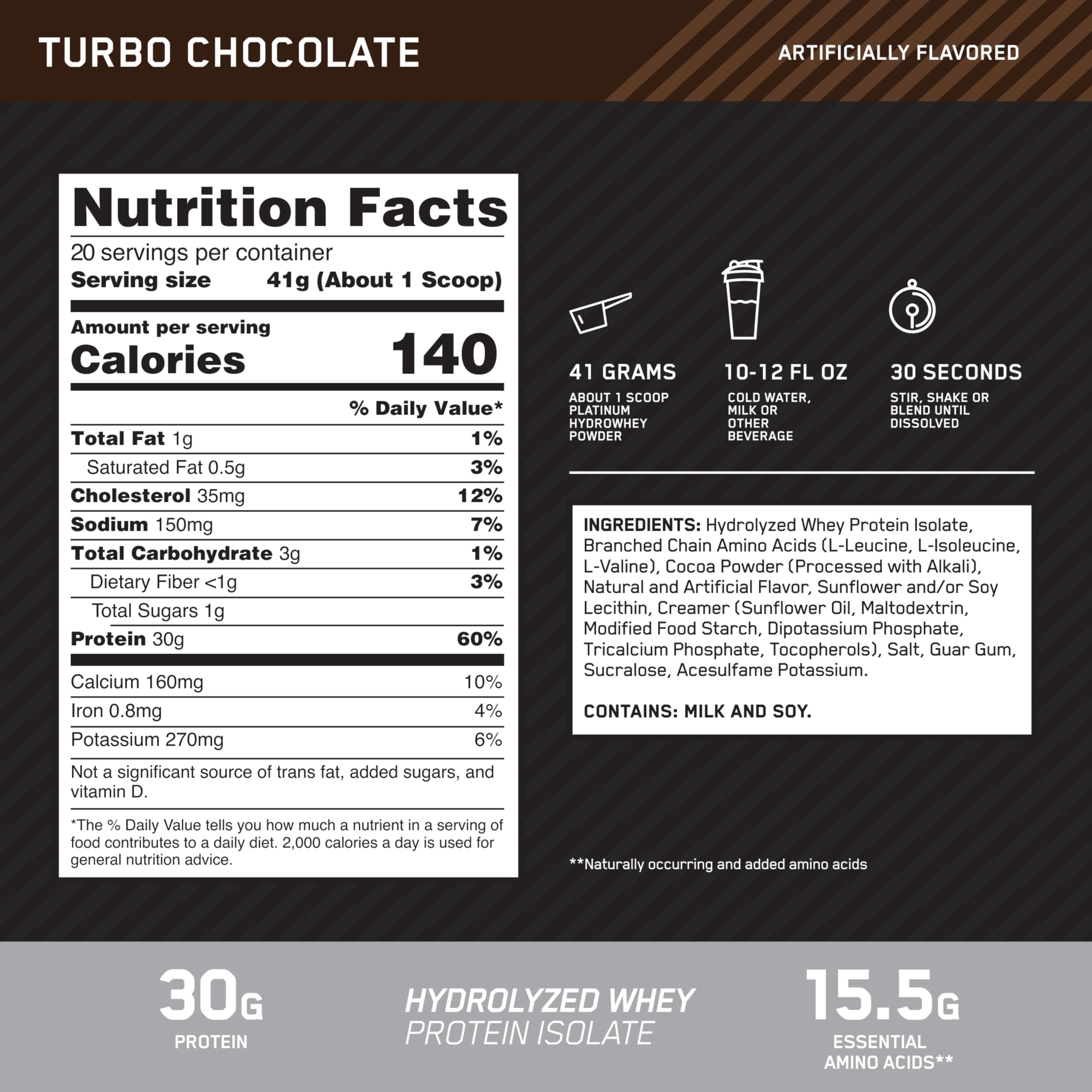 Optimum Nutrition Platinum Hydrowhey Turbo Chocolate powder close-up shows smooth mixability.