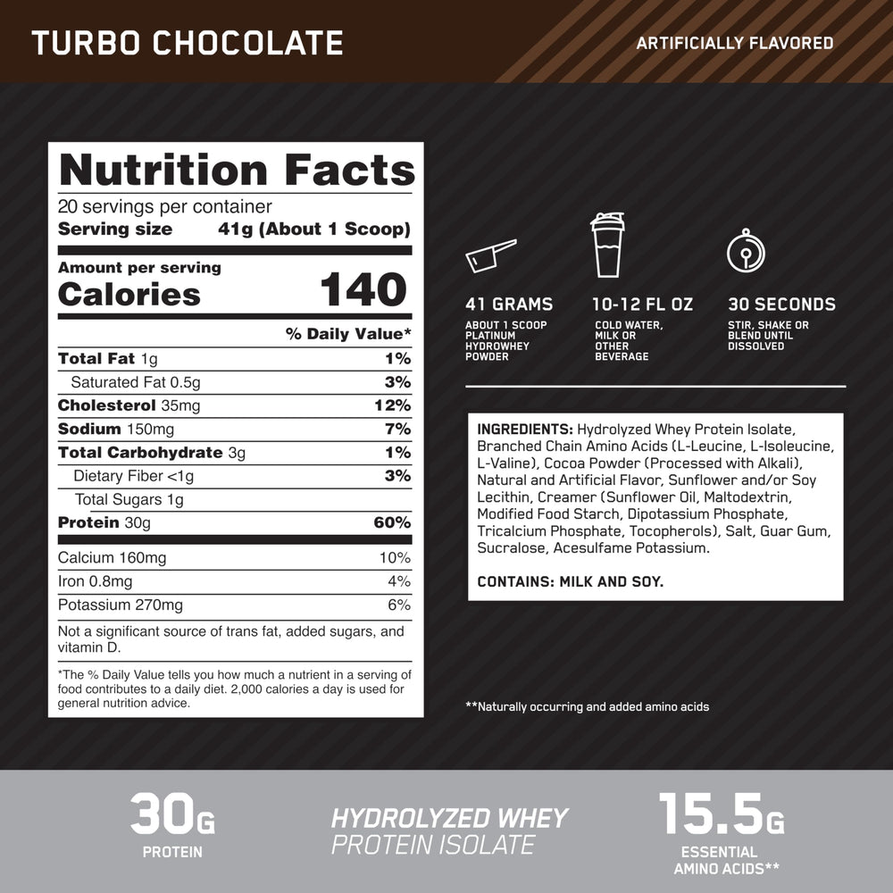 Optimum Nutrition Platinum Hydrowhey Turbo Chocolate powder close-up shows smooth mixability.