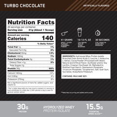 Optimum Nutrition Platinum Hydrowhey Turbo Chocolate powder close-up shows smooth mixability.